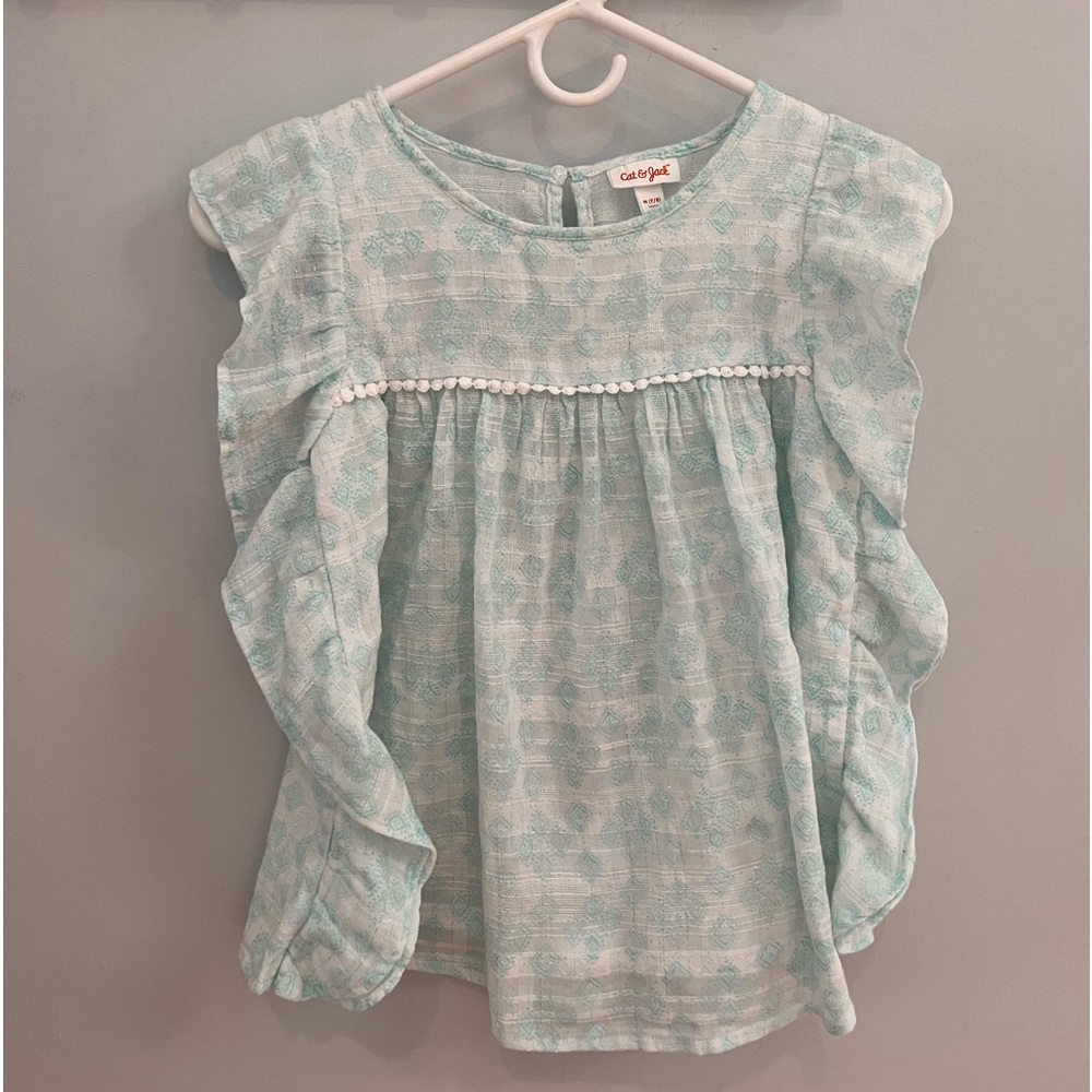 Cat & Jack white and aqua Ruffled Side Tee Girls Size 7 / 8 (Big Kids)